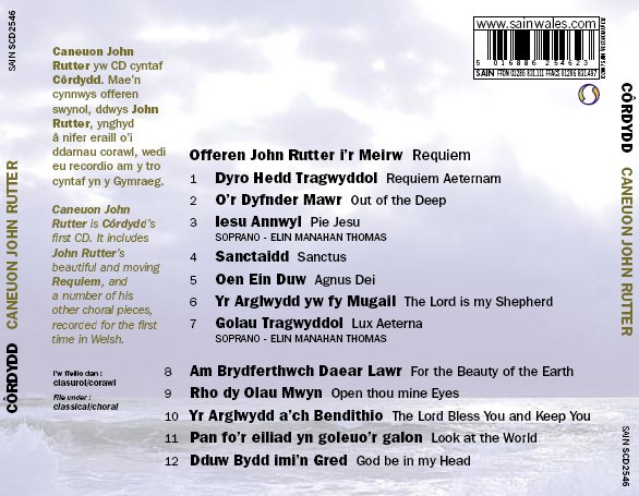 Cynnwys CD Caneuon John Rutter